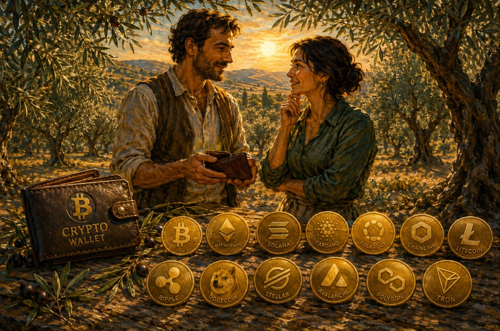 Zwei Personen im Olivenhain, eine Krypto-Brieftasche und 13 Coins